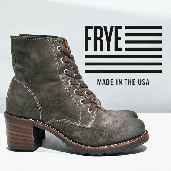Frye Sabrina 6G Gray Green Suede Lace Up Leather Combat Moto Biker Boots 7 USA